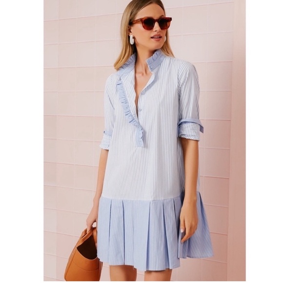Tuckernuck Gentlemen’s Stripe Tate Mini Dress Blue White Ruffles Pleated Preppy - Picture 1 of 16